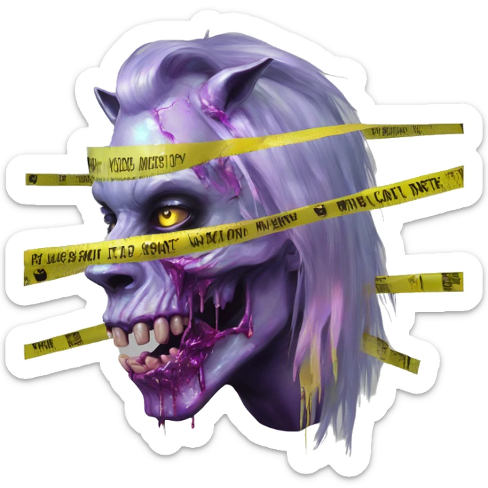 .Zombie_ Vaporwave black holographic oilslick zombie unicorn yellow caution tape sticker