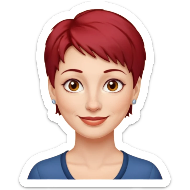 femme 40 ans, cheveux très court rouge foncé piercing sur le nez yeux marrons sticker