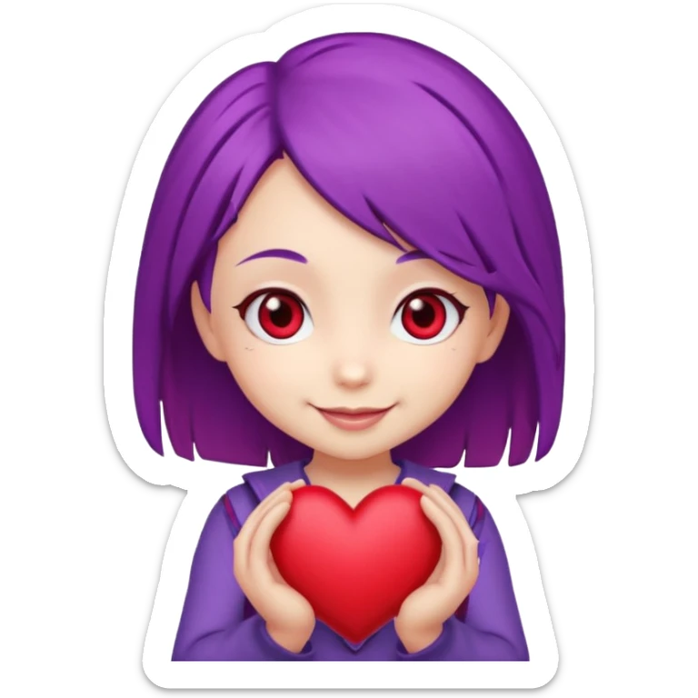 A chibi cartoon with purple hair red eyes holding a heart sticker