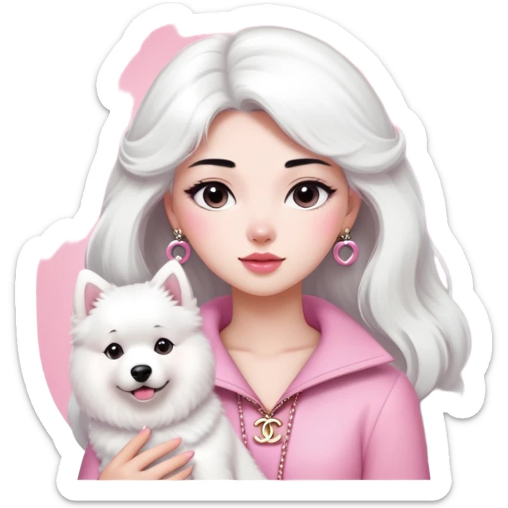 black-haired girl in pink Chanel style outfit with white Samoyed dog sticker