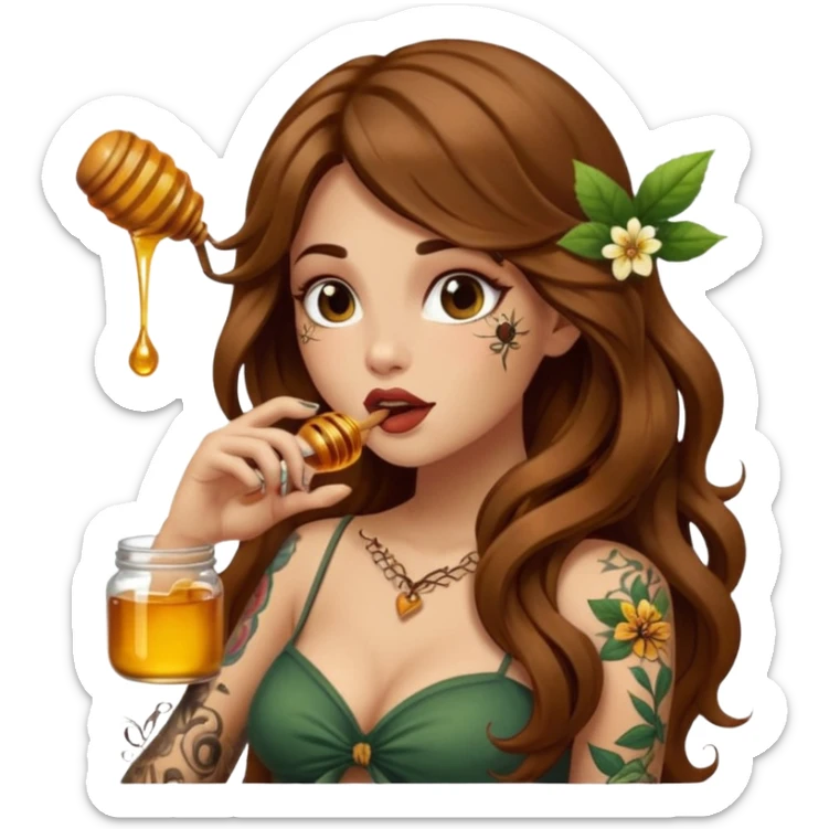 forest mystic woman long wavy brown hair tattoos licking honey from finger flirty sticker