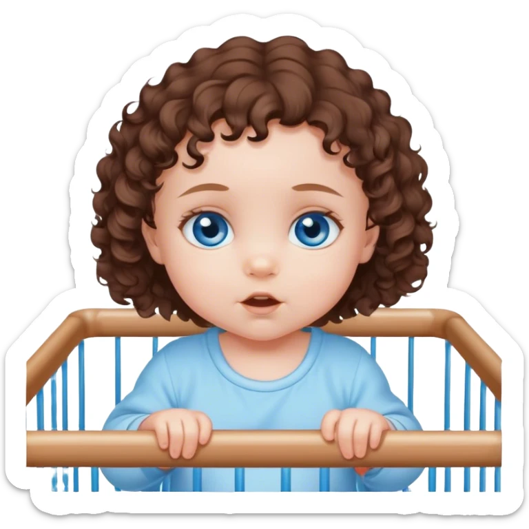 Blue-eyed baby girl with short soft loose brown curls in playpen  sticker