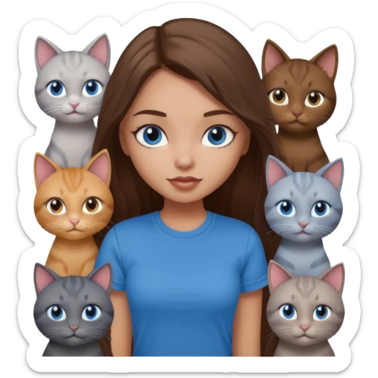 a pretty bratz dusky light skin girl with long brown hair, blue eyes with six cats nd wearing a grey tshirt sticker