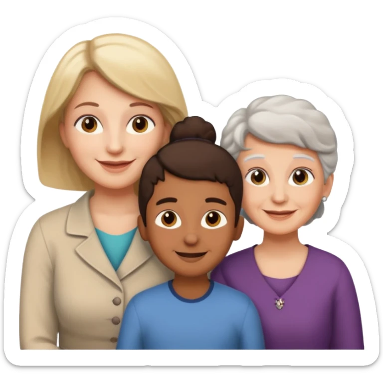 two kids (1 brown boy and 1 white girl) with their mother and grand mother smiling sticker