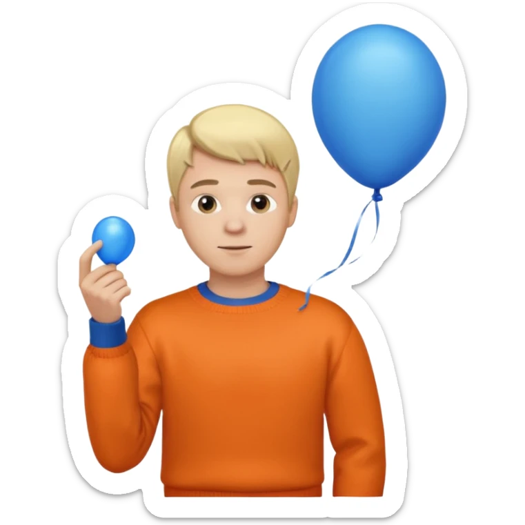white skin, blonde hair man, orange sweater, hold blue balloon sticker