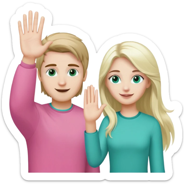 2 friends giving high five. He has white skin, brown hair and turquoise eyes, he is wearing green. She has long blond hair, brown eyes and white skin, she is wearing pink  sticker