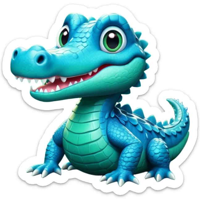 "Cute 3D blue crocodile, Disney style, big eyes, magical glowing swamp, whimsical lighting, 8k render." sticker