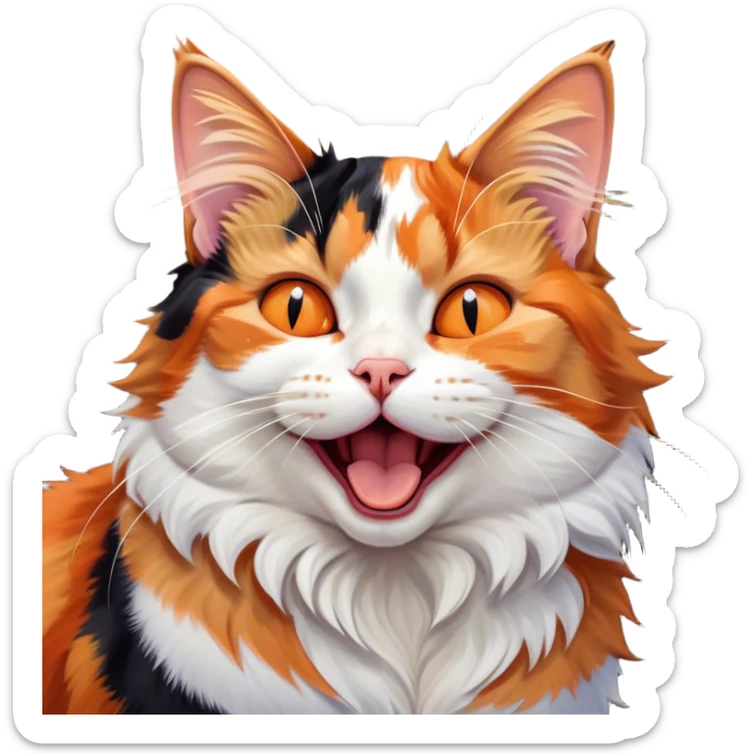 Cinematic Cute Yawning Calico Cat Portrait Emoji, Head tilted mid-yawn with a charming, relaxed expression, showcasing a soft patchwork fur of vibrant orange, black, and white, simplified yet irresistibly adorable, highly detailed, glowing with a cozy, gentle radiance, high shine, exuding sleepy yet endearing charm, styled with a soft glowing outline, capturing the essence of a calico cat caught in a delightful yawn that seems ready to cuddle up for a nap! sticker