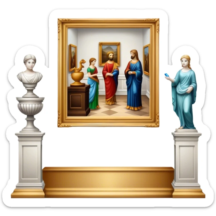 An icon featuring an elegant art gallery with classic paintings hanging on the walls, and sculptures displayed on pedestals. Visitors admire the exhibits, capturing the essence of culture, history, and art. Set against a transparent background. sticker