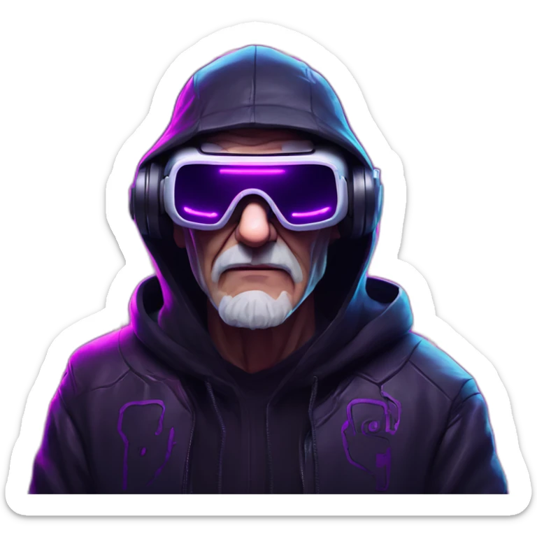 Russian old man wearing a black hoodie with "OMG" letters on it and VR headset in a cyberpunk VR environment with violet neon lighting. sticker
