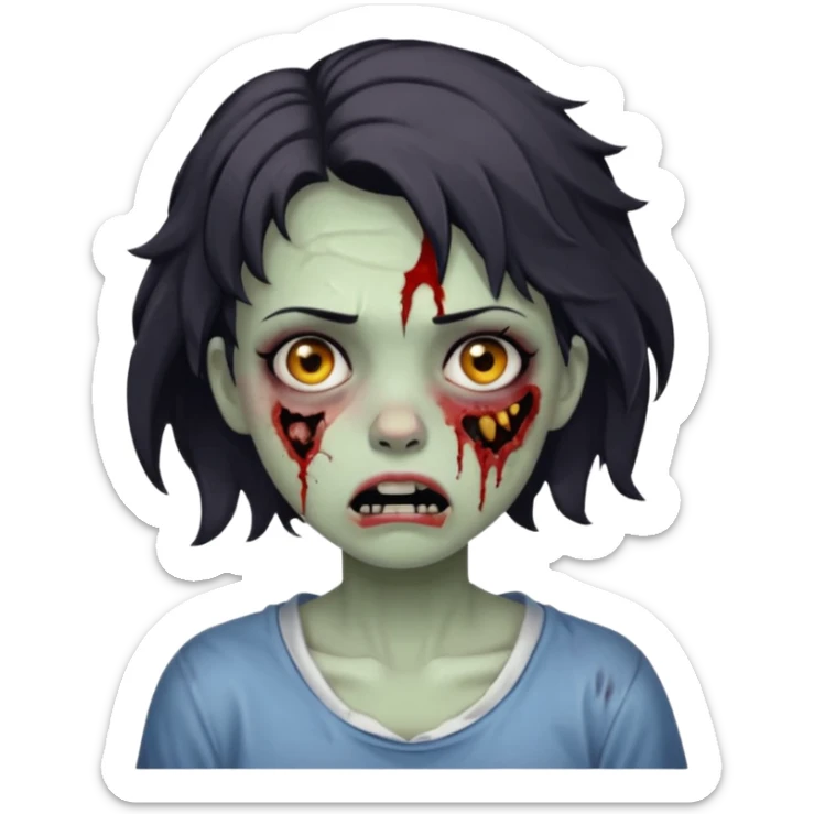 Zombie girl with bruises, she has a dark short wavy hair, she has a tired expression and BLACK eyes, she has dark circles too, her mouth is ripped sticker