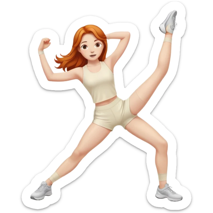 Ginger gym girl legs out middle part hair stretching cream outfit sitting sticker