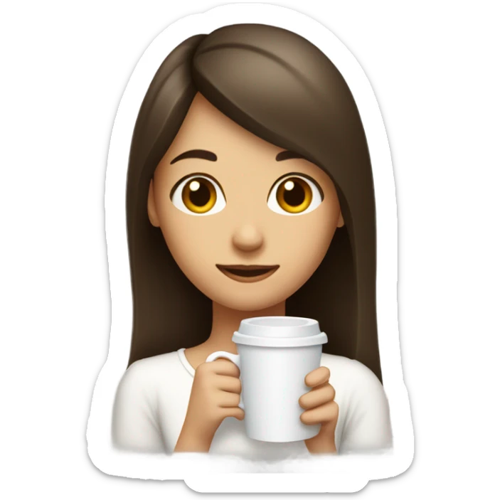 girl with brunette hair long and cute bang wearing a white top and drinking coffee  sticker