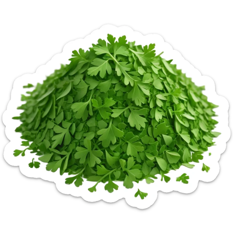 loose scatter of finely crumbled green herb flakes with jagged, flat shapes and a dry, matte texture, color ranges from bright to muted green, evoking dried curly or flat-leaf parsley, soft lighting, subtle shadows, emoji scale sticker