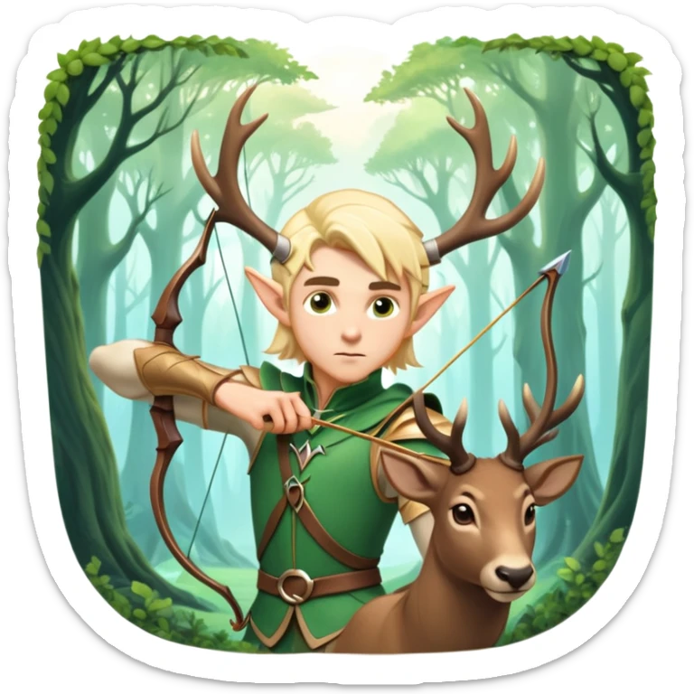 clash-of-clans-aesthetic-blond-male elf-archer-portrait-emoji, rendered in a flat, vector-style with minimal shading and bold holding his bow, simplified shapes, head tilted slightly forward with a determined, focused expression, riding a majestic stag whose antlers glow with mystical energy, set against an ancient, enchanted forest backdrop. sticker