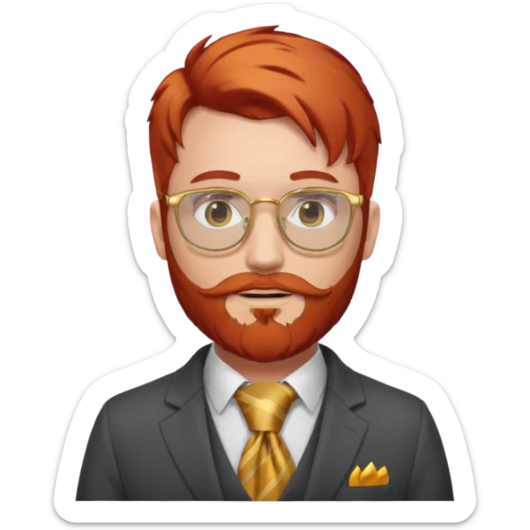 gray scarf, male,  beard, red hair, with suit, gold glasses sticker