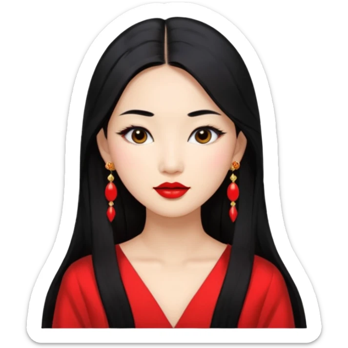30 yr old asian woman, middle parted straight long black hair, very pretty, fancy dress, earings, red lipstick sticker