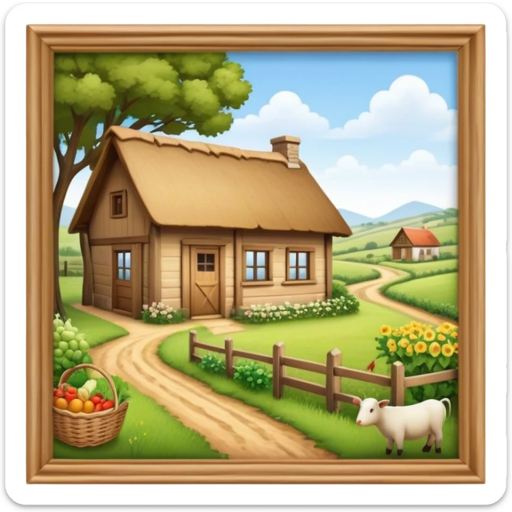 Icon for Rural Tourism: a peaceful countryside scene with a wooden cottage, a dirt path, grazing animals, and a basket of fresh produce. The icon should represent the tranquility and charm of rural life. Transparent background. sticker