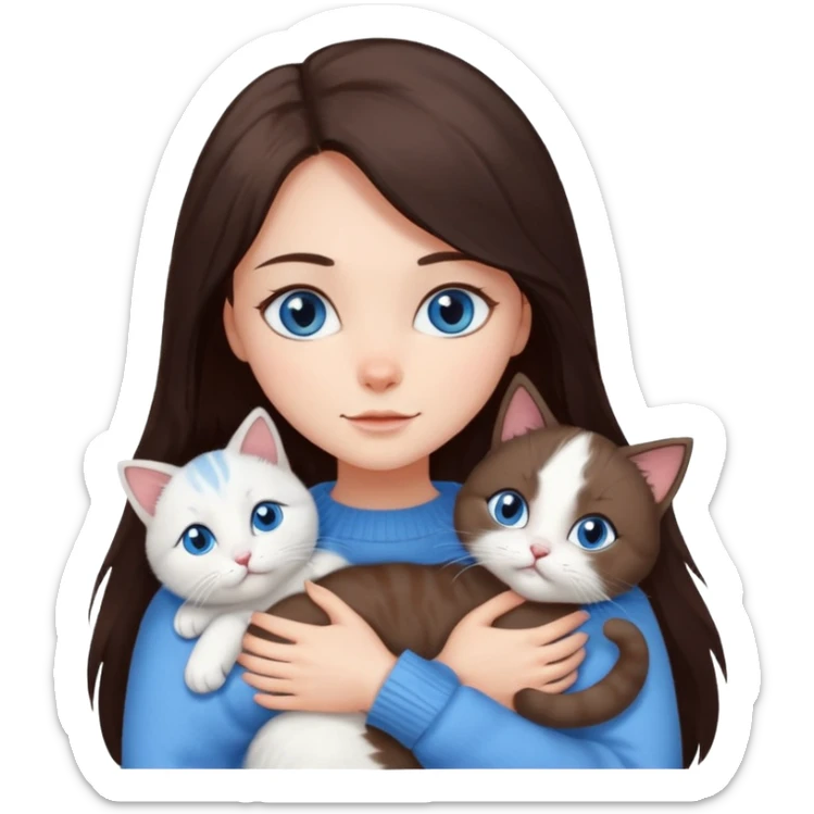 a girl with long dark 
brown hair, with blue eyes, in a
white sweater, hugs 3 different natural coloured cats sticker