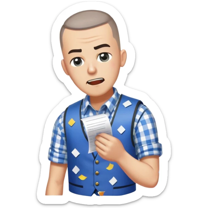 Gender: Male Hair: Salt-and-pepper buzzcut with cowlick Face: Twitching left eye, gritted teeth Clothes: Checkered blue vest over rolled-up sleeves Action: Kicking jammed printer spewing paper confetti sticker