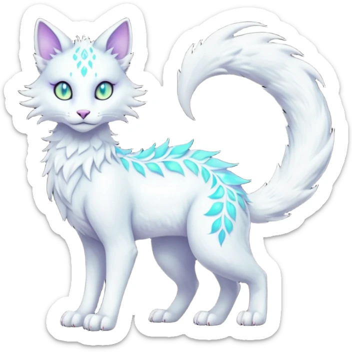 Kawaii white iridescent beautiful pretty elegant divine edgy fantasy feline-vernid-fionbri-sergal-fursona animal creature with a tufted tail full body with intricate markings  sticker