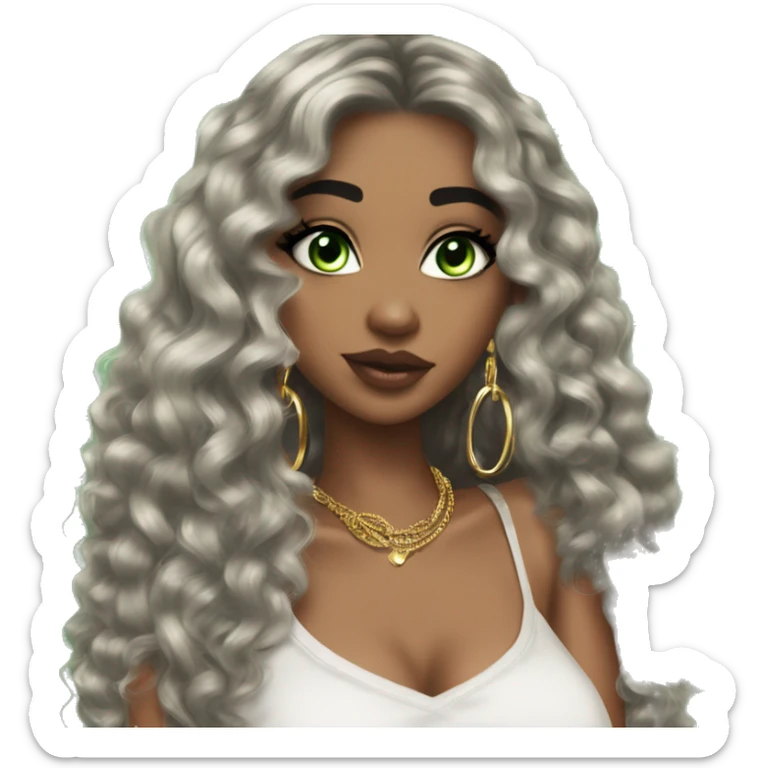 Glamorous, streetwear, black hair, long curled hair, olive skin, green almond eyes, winged eyeliner with big lashes, wearing hooped earrings, rings and bracelets, almond fake nails sticker