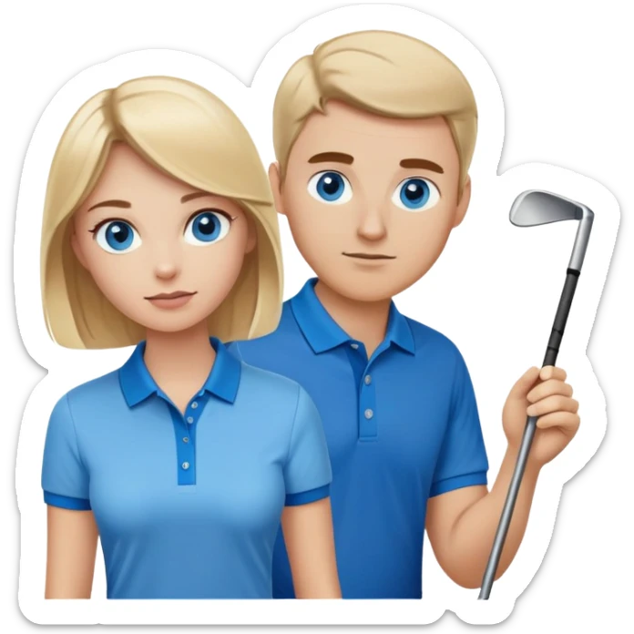 Blonde woman with blue eyes playing golf with white man with brown hair and brown eyes wearing blue polo sticker