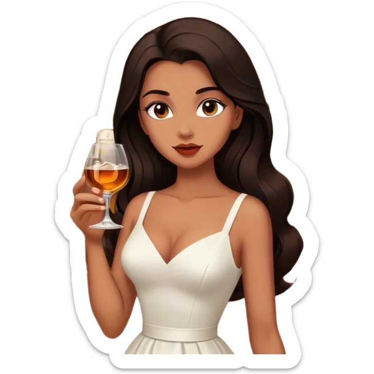 Beautiful woman in 1950’s woman fashion look, white dress, long dark brown hair, whisky with ice sticker