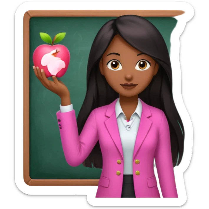 a brown skin teacher with hair with black straight long hair wearing pink not hot pink 2 piece set teaching up on a board the board nothing on the board but a pink apple sticker
