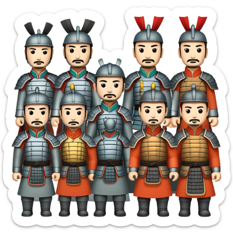 Terracotta Army Xi'an, simplified emoji style with bold outlines and bright colors, cartoon style ancient warrior statues sticker