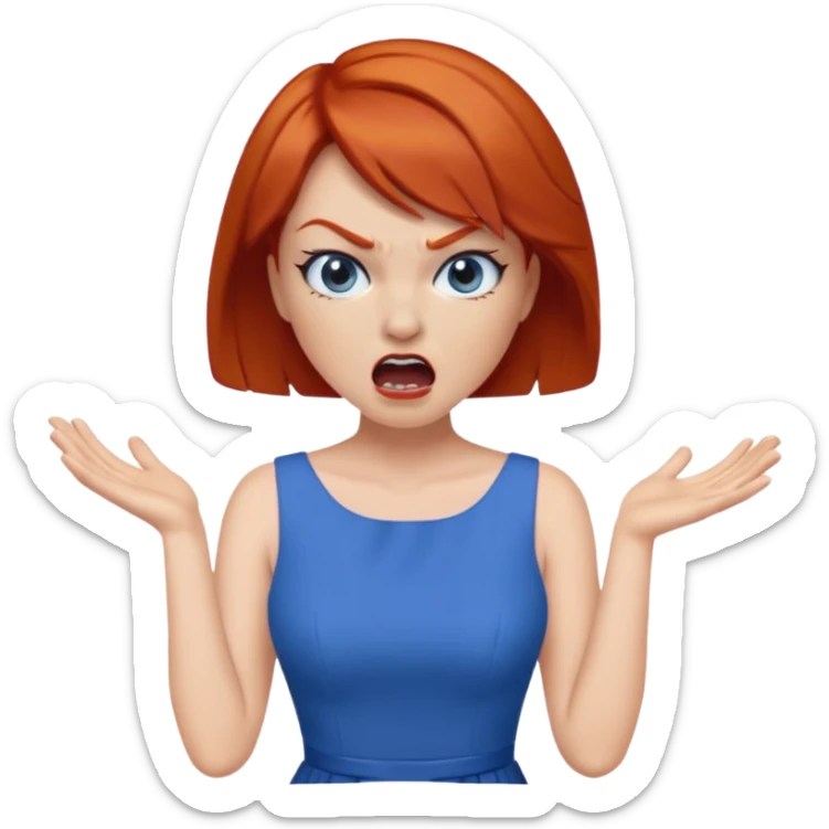 mujer pelirroja con los ojos y los labios maquillados enojada gritando con vestido azul pelo corto sticker