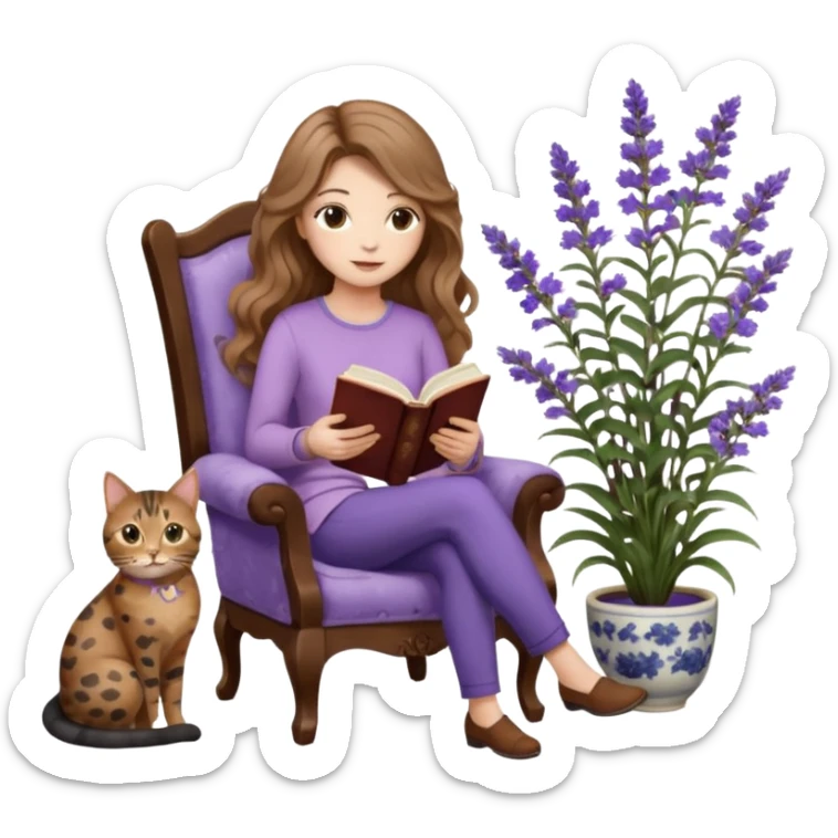 detailed emoji of a woman with long light brown wavy hair and light brown eyes reading a book, sitting on a comfortable reading chair, with a black cat and a brown spotted cat beside her, small table next to the chair with a coffee cup on it, in a garden filled with lavender flowers sticker