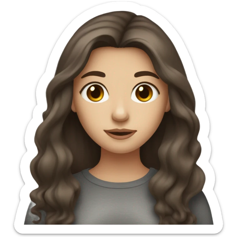 A girl with brown hair with dark gray highlights, fair skin, long, soft, beautiful hair, soft lips, brown eyes, drinking coffee, and a small nose. sticker