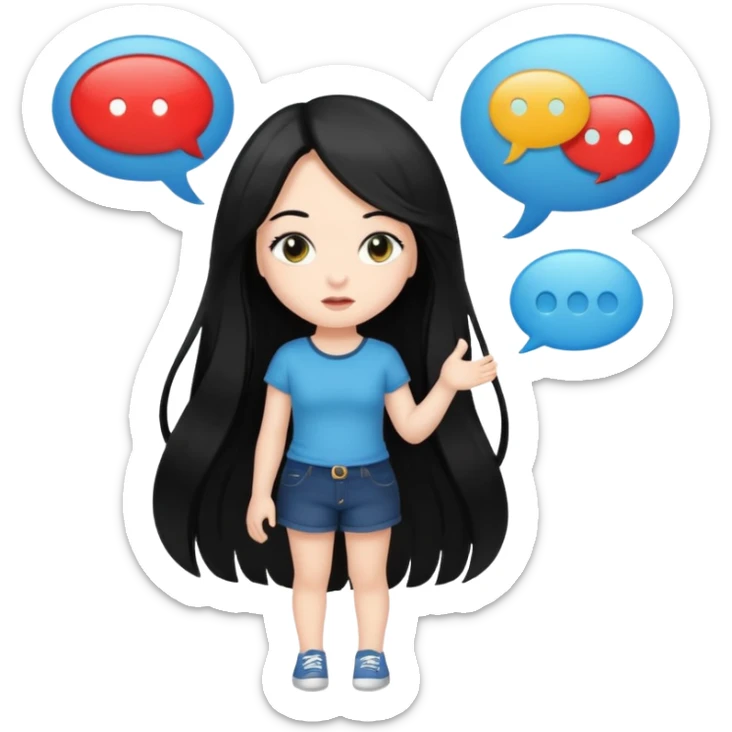 cute girl full body with long black hair with speech bubbles not have money sticker