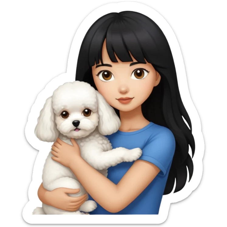 A beautiful girl with long black hair and bangs hugs a super small Bichon Frise dog sticker