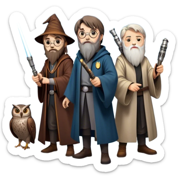 Icon for Fantasy and Sci-Fi Movies: Collage featuring Harry Potter with his wand, Dumbledore. Luke Skywalker with a lightsaber and futuristic robots. Background with a magical planet, Hogwarts, flying owls and spaceships. Epic and magical atmosphere. Transparent background. sticker