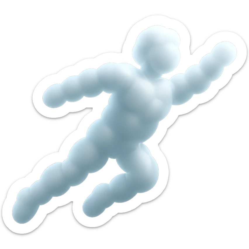 a person flying, entirely made of small, very bright white fluffy convex clouds, minimalism, airiness, glowing effect sticker