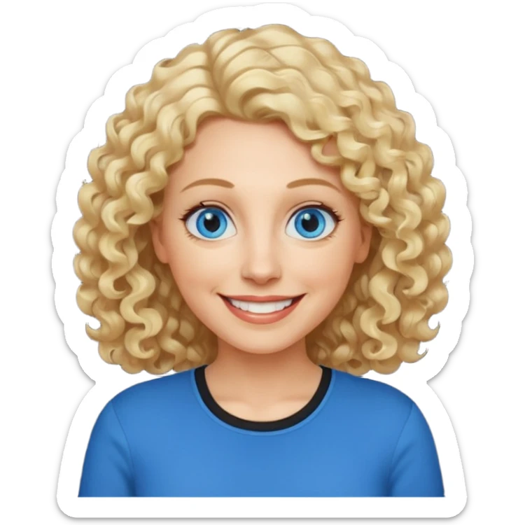 Middle aged woman with blonde curly shoulder-length hair, big blue eyes, wide smile, black shirt sticker