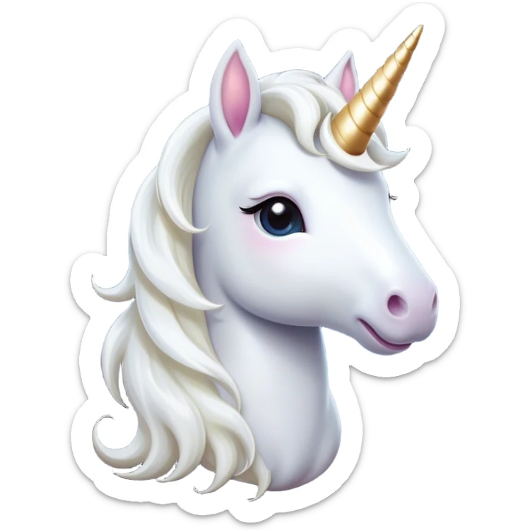 Cinematic Cute White Unicorn Portrait Emoji, Head tilted playfully and inquisitively, featuring a charming, petite form with a silky white color, a delicately flowing mane and tail, and a tiny, sparkling horn, with large, dreamy eyes full of wonder, Simplified yet irresistibly adorable features, highly detailed, glowing with a warm, enchanting glow, high shine, affectionate and lively, stylized with a touch of fairy-tale whimsy, soft glowing outline, capturing the essence of a mischievous yet endearing white unicorn that seems as if it could gallop out of the screen into your heart! sticker