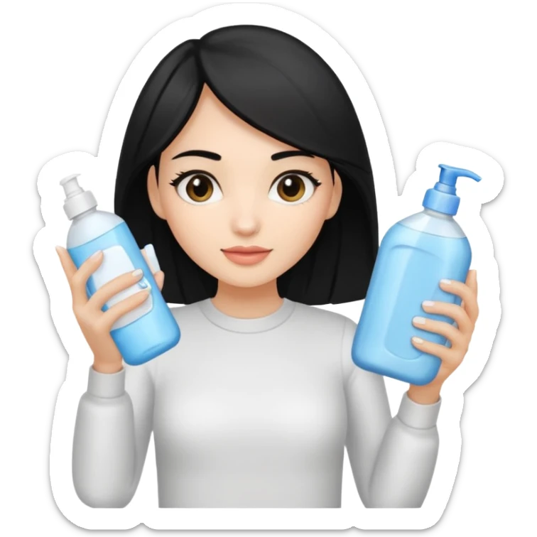 Generate a light-skinned girl with black hair who takes skincare. On the left hand side, she holds a detergent in her hand, and on the right hand side on the sheath, it is the one she applied. sticker