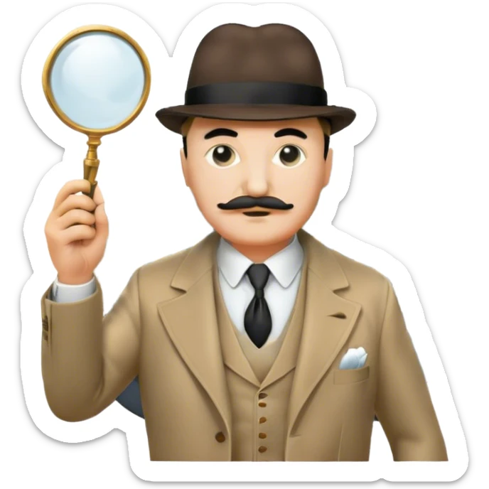 A cinematic-style frame showing Hercule Poirot in his iconic suit with a magnifying glass in a dramatic detective pose. Background should be mysterious city, a board with photos of suspects, clues like fingerprints. Transparent background. sticker