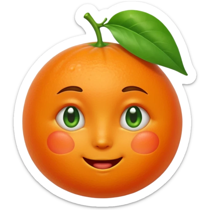 warm emotional tangerine emoji with teary eyes, gentle smile, blushing cheeks, green leaf on head sticker