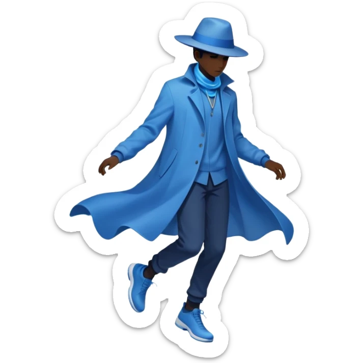 Male silhouette composed of blue ethereal flowing energy with minimal floating wardrobe pieces like hat, jacket and shoes orbiting around it, no facial features sticker