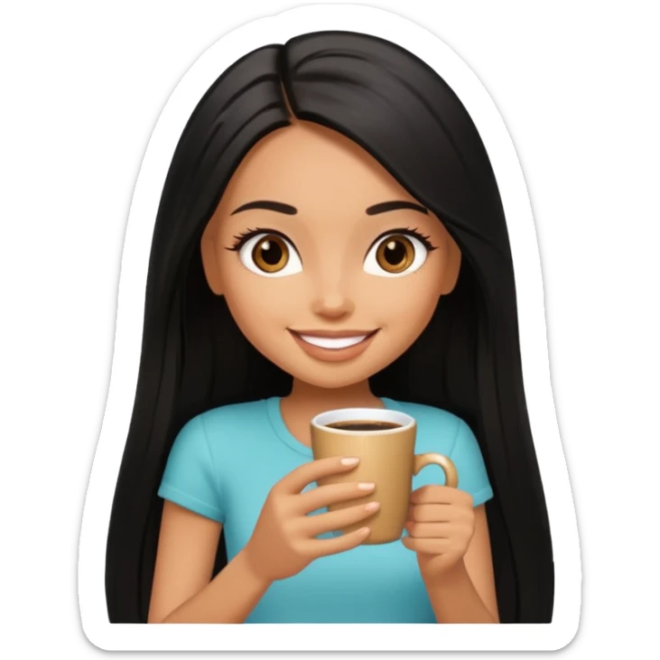 a pretty tan bratz girl with black long straight hair smiling and drinking coffee sticker