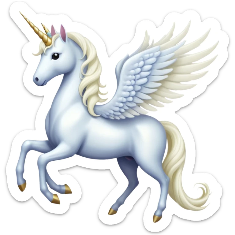 All white Cinematic Noble Unicorn with wings, slender with a flowing mane and tail and spiraled horn sticker