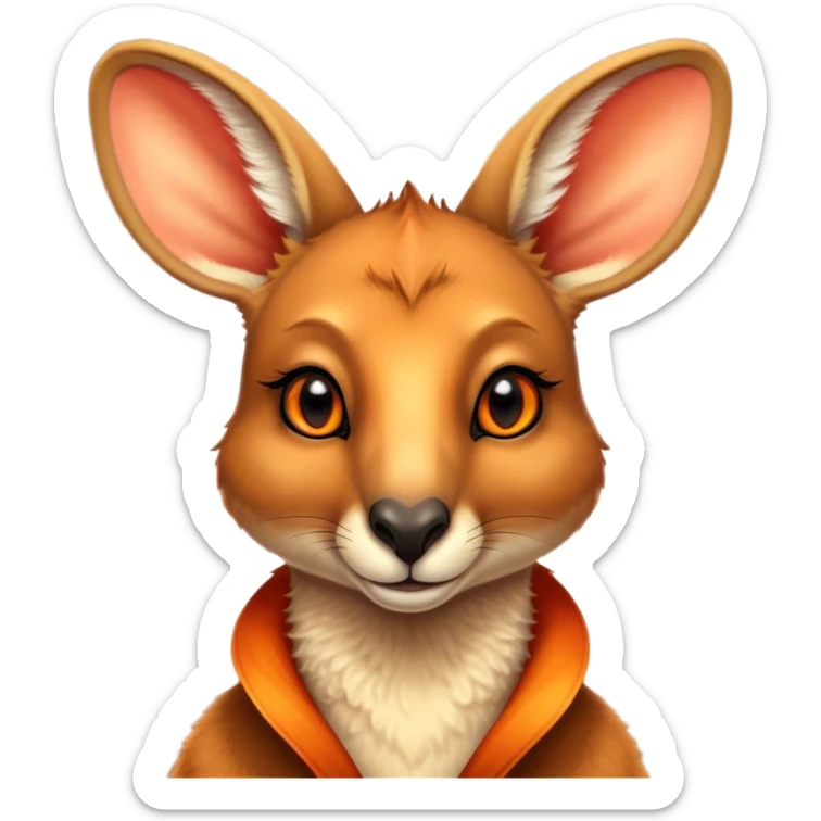 Cinematic Noble Kangaroo Portrait Emoji, Poised and regal, with a powerful, muscular build and a sleek, well-groomed fur of warm red-orange hues, deep-set soulful amber eyes and a strong tail, Simplified yet sharp and sophisticated features, highly detailed, glowing with a warm, dignified glow, high shine, intelligent and athletic, stylized with an air of outback majesty, focused and attentive, soft glowing outline, capturing the essence of a watchful and confident marsupial, so majestic it feels as though it could bound out of the screen with effortless authority! sticker