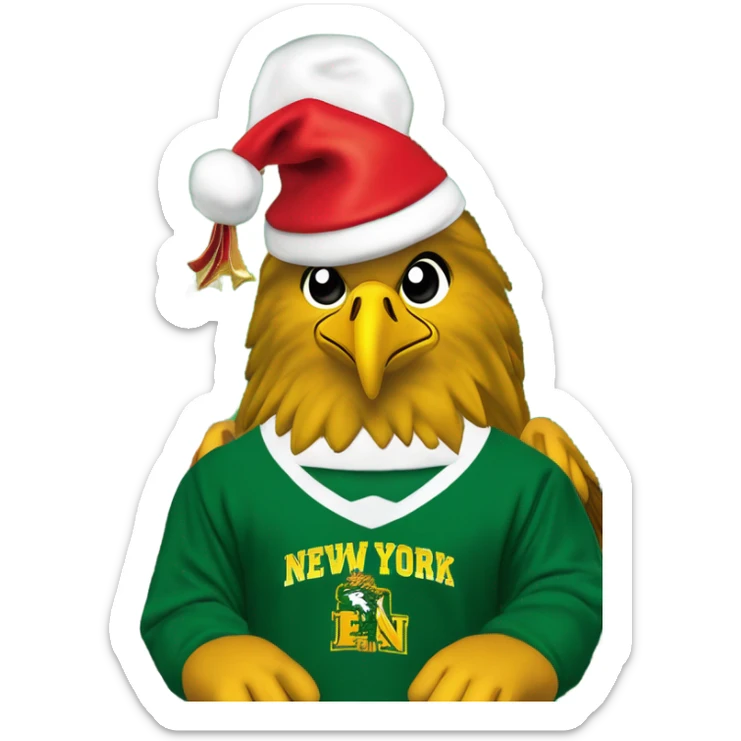 the state university of new york college at brockport's mascot Ellsworth the golden eagle, green beak, green jersey, yellow lettering with "brockport" written on front, in front of a christmas tree, wearing a santa hat sticker