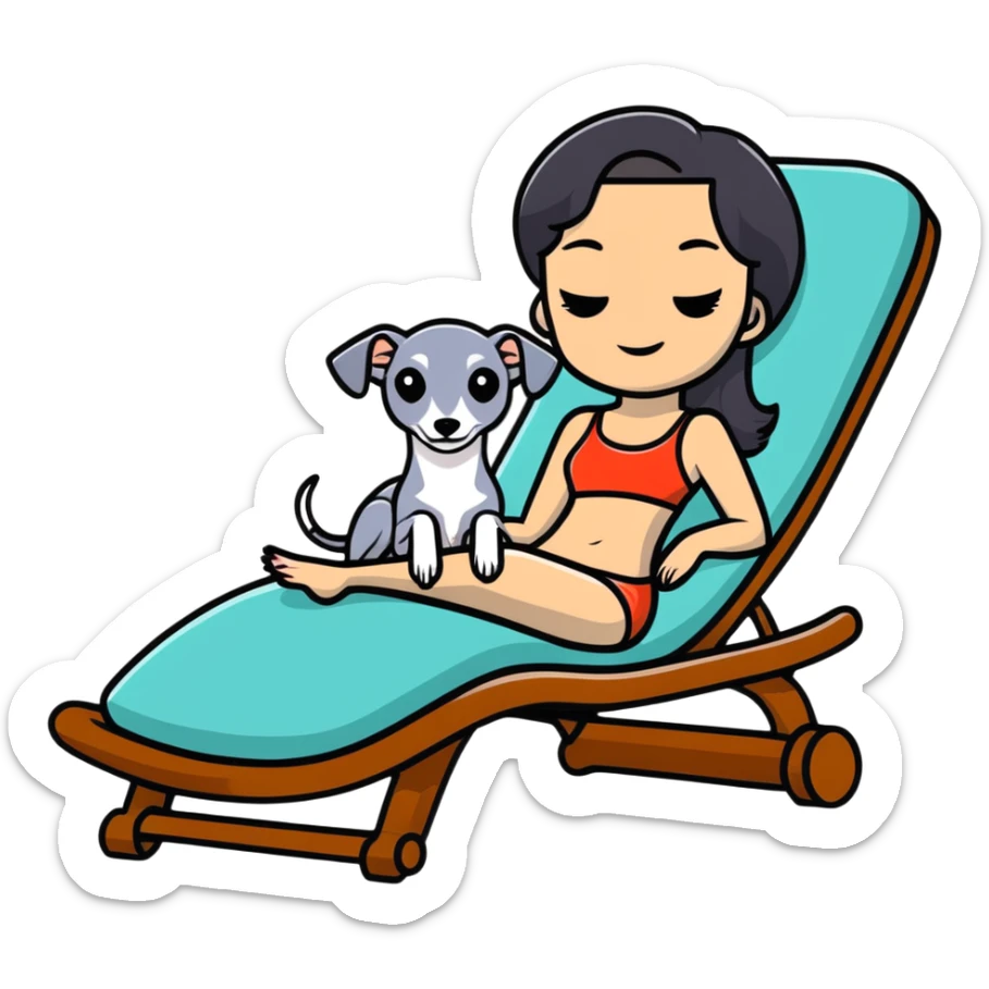 Very thin Chinese woman with long black hair relaxing on a spa lounger with exactly ONE Italian greyhound that is COMPLETELY solid grey - IMPORTANT: the dog must be ENTIRELY ONE UNIFORM GREY COLOR with ABSOLUTELY NO WHITE MARKINGS ANYWHERE - no white on face, no white on chest, no white on paws, nothing but pure grey throughout the entire dog sticker