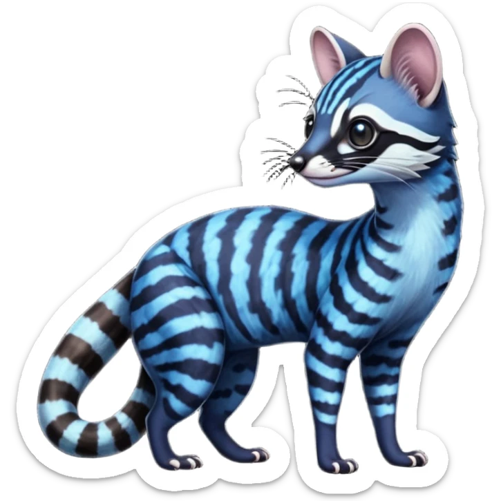 Feral Rare Fantasy iridescent scaly dark shady shaded detailed deep-dark-cobalt-blue-gradients-colored colorful Genet-Trico-Civet-Cacomistle-Margay-species by LiLaiRa, with dark-blackish points, white belly, random markings, tufted tail, tufted ears, full body sticker