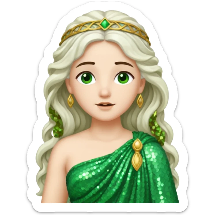 Juno, Goddess of Marriage from Roman Deities with long white brunette wavy hair, green sequin toga sticker